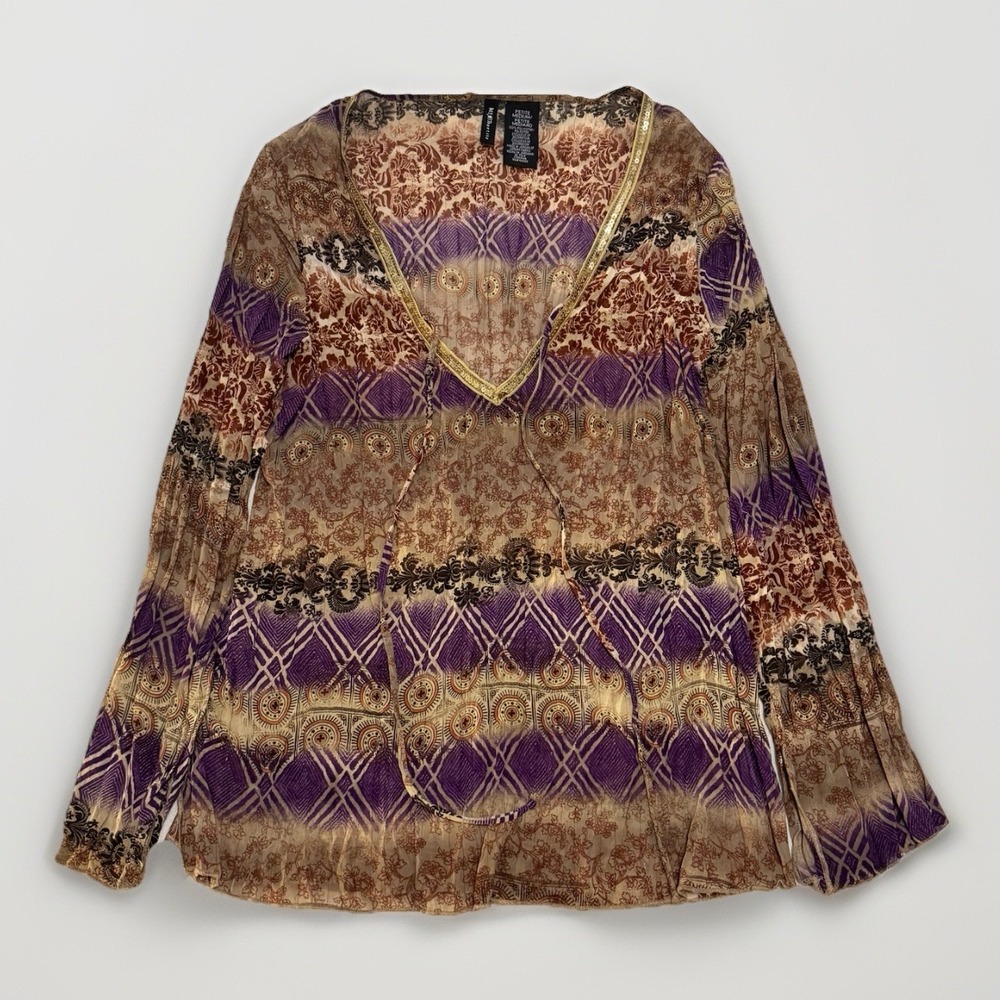 Mix It‎ VTG Boho Moroccan Sheer V-neck Top Blouse Medium Sequins Brown/Purple